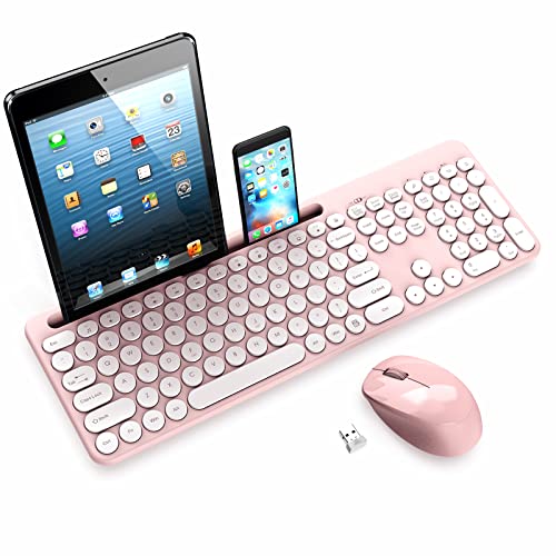 LeadsaiL Pink Wireless Keyboard and Mouse Combo, Full-Sized Ergonomic Computer Keyboard with Phone Tablet Holder, 2.4GHz Silent Cordless Keyboard Mouse Set for Windows Laptop, PC, Desktop - color: Pink