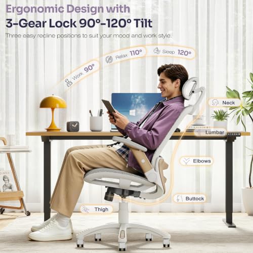 GABRYLLY Ergonomic Office Chair, High Back Home Desk Chair with 2D Flip-Up Arms, 3D Headrest, 90-120° Tilt and Wide Cushion, Big and Tall Mesh Chairs for Man Woman, White Computer Task Chair - color: White Frame White Mesh