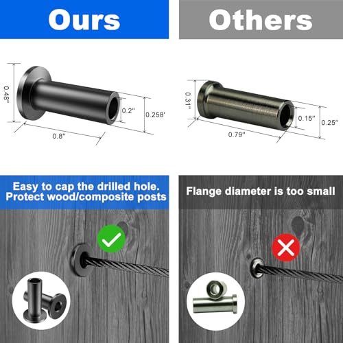 BLIKA 100 Pack Black Stainless Steel Protector Sleeves for 1/8" 5/32" or 3/16" Deck Cable Railing, for Wood/Composite Posts, T316 Marine Grade, Black Cable Railing Protector Sleeves