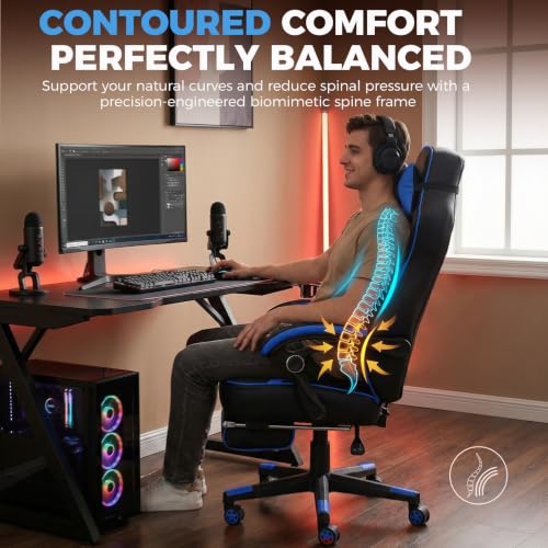GTPLAYER Gaming Chair with Footrest, 350LBS Big and Tall Office Chair, Ergonomic High Back Lumbar Support and Recliner for Back Pain Relief, Blue - color: Blue
