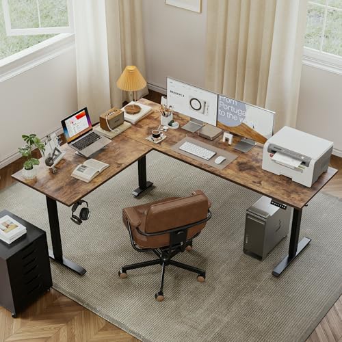 Agilestic 75 x 61 Inch L Shaped Electric Standing Desk, Rustic Brown - color: Vintage Brown, size: 75x61 Inch