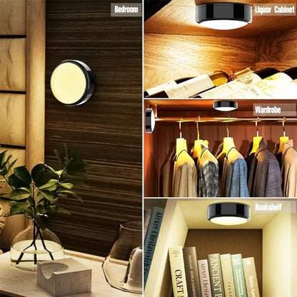 HELPLEX Puck Lights, 16 Colors Changeable Under Cabinet Lights Battery Powered Dimmable LED Puck lightings Under Counter Lights, with 2 Remote Controls, Timing Function, 18 AA Batteries - color: Black, size: 6 Pack With Battery