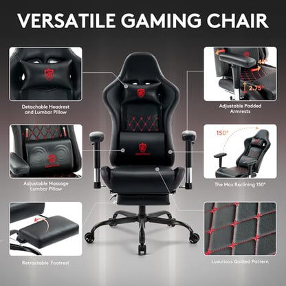 Gaming Chair,Office Chair with Footrest,Massage,Black Red | Gel Pad,Ergonomic,Spring Cushion,High Back,2D Adjustable Arms,Reclining,Lumbar Support,Headrest,Leather Gamer Chair - color: Black Red