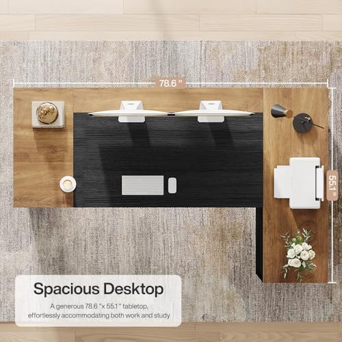Tribesigns 78" L Shaped Executive Desk with Drawers, Large Office Computer Desk with Cabinet and Storage Shelves, Modern Business Furniture Sets Workstation for Home Office (Brown&Black) - color: Brown&black