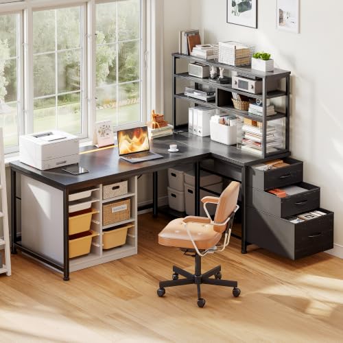 DurayLoly 55" L Shaped Gaming Desk with 3 Fabric Drawers & Shelves - color: Black, size: 18.9"D x 55.1"W x 59"H