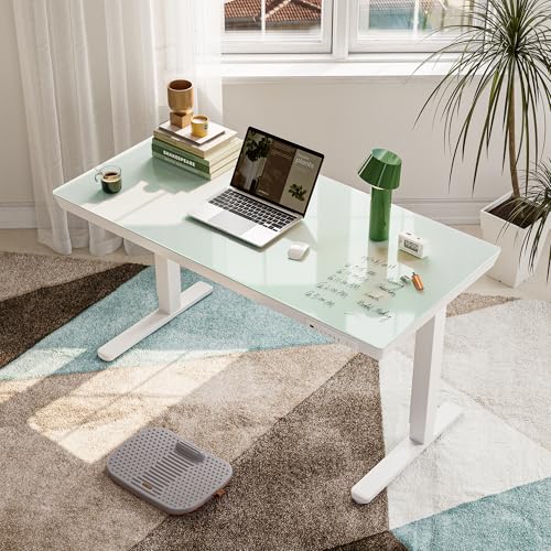 FEZIBO 48 × 24 Electric Standing Desk with Drawers, Whole-Piece Glass Adjustable Height Desk, One-Piece Quick Install Adjustable Sit Stand Desk, White - color: White, size: 48 inch
