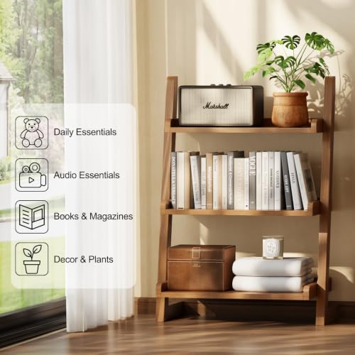 AQIMUELE Solid Wood Ladder Shelf, Leaning Bookshelf, Walnut, 3-Tier - color: Walnut, size: 3-Tier