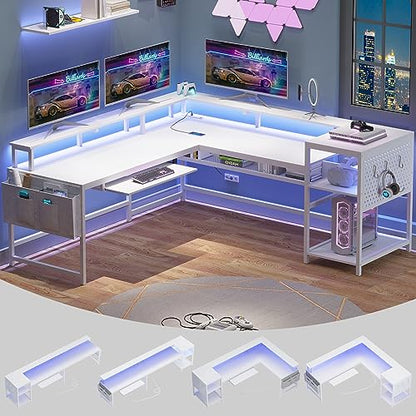 SEDETA L Shaped Gaming Desk, Reversible Computer Desk, Gaming Desk with Power Outlets & LED Strip, Monitor Shelf, Keyboard Tray, Pegboard and Storage Shelves for Home Office, White - color: White