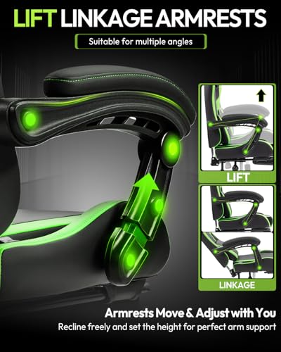 Dowinx Ergonomic Gaming Chair with Footrest & Massage Lumbar, 2D-Linkage Armrests for Computer Chair 330lbs with Headrest Pillow for Office, Home, Streaming and Long Gaming Sessions, Green - color: Green