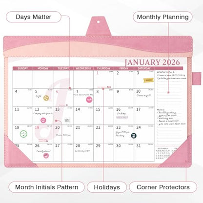 Ospelelf Desk Calendar 2026-2027 with Storage Pocket Protective Cover Large 12"x17" Leather Monthly Wall Planner Pad 18 Months January 2026 - June 2027 Pink - color: Pink, size: 12" X 17" (Jan.2026 - June.2027)