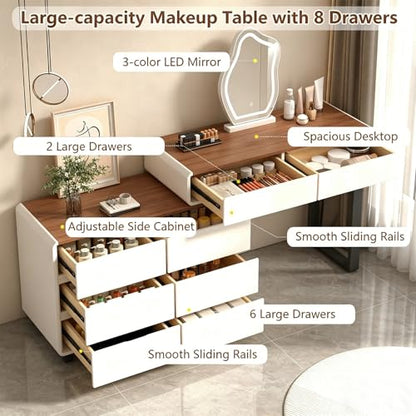 KDCAS White Vanity Desk with LED Lighted Mirror, Extendable Makeup Vanity Table with Walnut-Grain Top & Reversible Side Cabinet, L-Shaped Corner Vanity Desk for Bedroom, Home Office