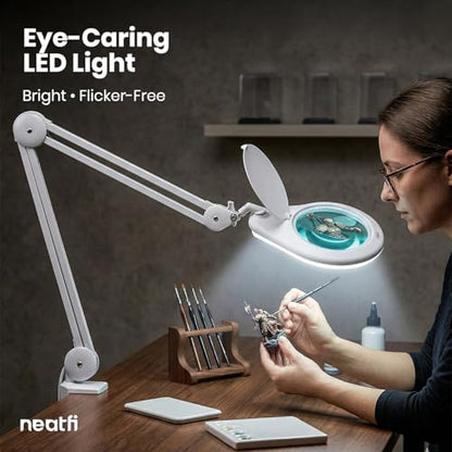Neatfi Elite XL HD Super LED Magnifying Lamp with Clamp – 7” Glass Lens, 5-Diopter, 6500K Daylight | Glare-Free, Adjustable Arm | Reading, Sewing & Crafting (7 Inch Lens, White) - color: White, size: 7 Inch Lens