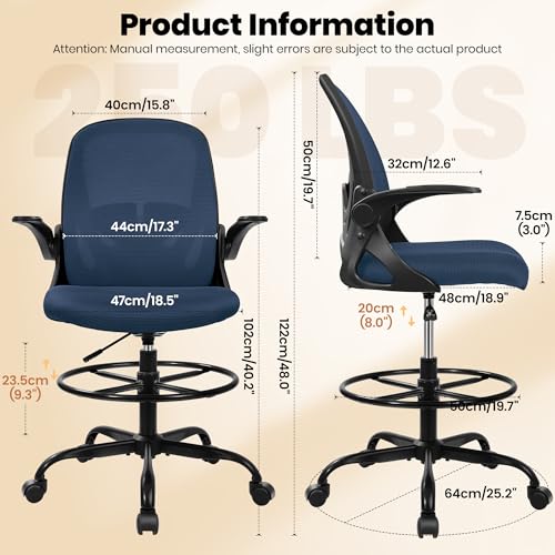 Primy Drafting Chair Tall Office Chair with Flip-up Armrests Executive Ergonomic Computer Standing Desk Chair with Lumbar Support and Adjustable Footrest Ring (Navy) - color: Navy, size: 934-Z