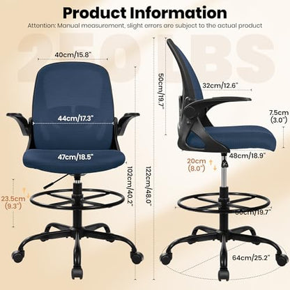 Primy Drafting Chair Tall Office Chair with Flip-up Armrests Executive Ergonomic Computer Standing Desk Chair with Lumbar Support and Adjustable Footrest Ring (Navy) - color: Navy, size: 934-Z