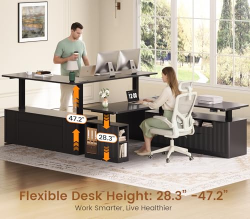 SEDETA Fluted L Shaped Executive Electric Standing Desk with 4 Drawers | 69" x 55" Height Adjustable Office Desk with Storage Shelves, Power Outlet, Sit Stand Computer Desk, Black - color: Black