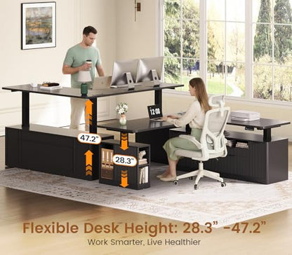 SEDETA Fluted L Shaped Executive Electric Standing Desk with 4 Drawers | 69" x 55" Height Adjustable Office Desk with Storage Shelves, Power Outlet, Sit Stand Computer Desk, Black - color: Black