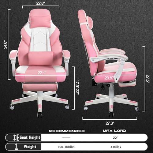 Big and Tall Gaming Chair for Adults, 330lbs Heavy Duty Computer Chair with Footrest & Massage Lumbar Support, Wide Seat High Back Reclining Desk Chair, 360° Swivel, Pink - color: Pink