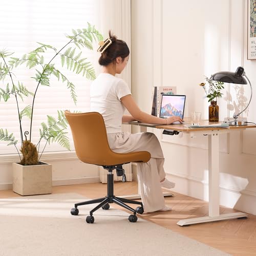 YOUNIKE Office Desk Chair with Wheels Armless Vanity Chair Modern Tan | Faux Leather Upholstered with Rocking Back, Swivel Height Adjustable Small Cute Computer Rolling Task Chair Ergonomic 300lb - color: Tan, size: Base Black