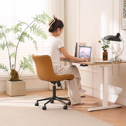 YOUNIKE Office Desk Chair with Wheels Armless Vanity Chair Modern Tan | Faux Leather Upholstered with Rocking Back, Swivel Height Adjustable Small Cute Computer Rolling Task Chair Ergonomic 300lb - color: Tan, size: Base Black
