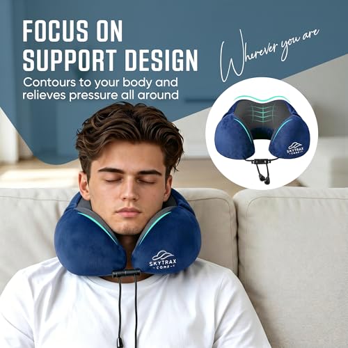 SkytraxComf® Travel Neck Pillow with Hood for Privacy on Long Flights | Memory Foam | Airplane Sleep | Safety-Tested Materials | Extra Large Hood | Chin Support | Earplugs | Washable Cover - color: Navy Blue