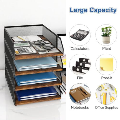 Natwind 4-Tier Stackable Metal Mesh Paper Organizer with Sliding Tray,Retro | Wooden Desk Organizer, Letter Tray For Desktop,File Holder For Home Office School Classroom Organization - size: 4 Tier