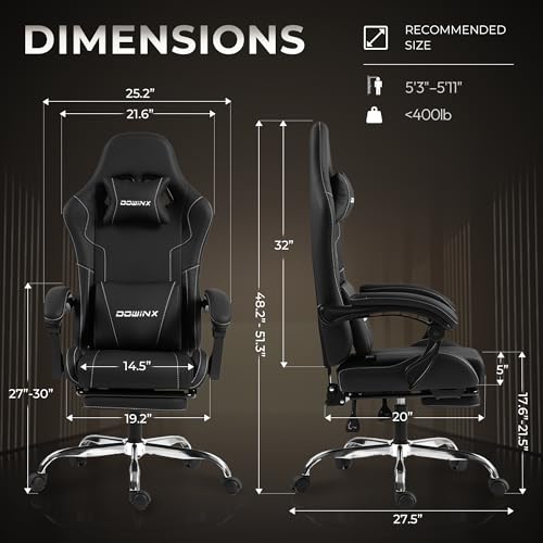 Dowinx Gaming Chair with Footrest, 330lbs Computer Chair 2D Lift Linkage Armrest, Massage Lumbar, Height Adjustable Ergonomic Comfy Video Game Chairs for Home Office Streaming, Long Gaming, Black - color: Matte Black