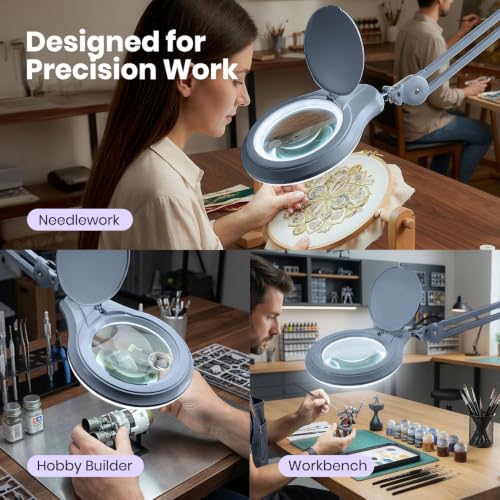 Neatfi LED Bifocal Magnifying Lamp 1,200 Lumens – 5” Glass Lens, Dual Magnification 2.25X/6X, Dimmable | Adjustable Arm with Clamp | Crafting, Jewelry & Reading (5 Diopter + 20 Diopter, Gray) - color: Gray, size: 5 Diopter + 20 Diopter