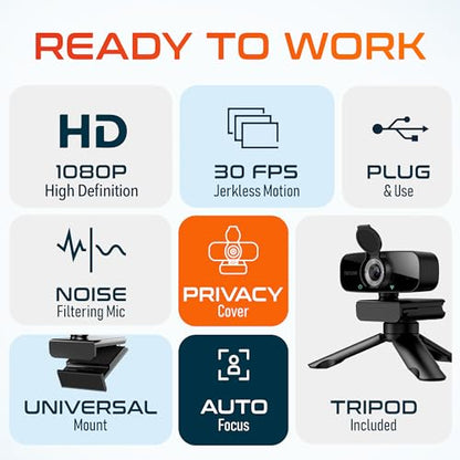 Delton C24 USB Webcam with Microphone, HD 1080p Wired Webcam, 2 Megapixels, Wide Field of View, Auto Focus, Noise Canceling Mic, USB Computer Camera Compatible with Computer/Laptop/iMac - Black