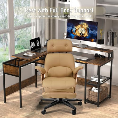 Ergonomic Leather Office Chair,Electric Recline/Footrest/Massage | 90-135° recline, footrest, 3-level massage, S-curve support, fits 5'3-6'1, solid wood, all-day comfort for home office,brown - color: Brown