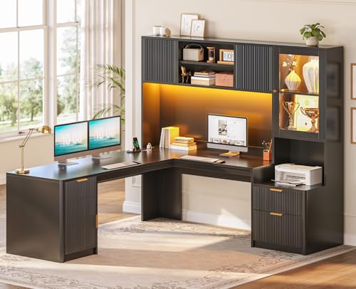 SEDETA 67" x 65" L Shaped Desk with Hutch, RGB LED Corner Computer Desk with Power Outlets, Fluted Home Office Desk with File Drawer, Storage & Glass Display Cabinets for Gaming & Working, Black - color: Black, size: L Shaped Desk with Hutch