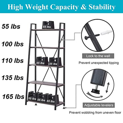 5-Tier Ladder Shelf, Industrial Leaning Bookcase, Wood and Metal Ladder Bookshelf for Living Room, Bedroom, Kitchen, Home Office (Grey Oak) - color: Grey Oak, size: 5-Tier