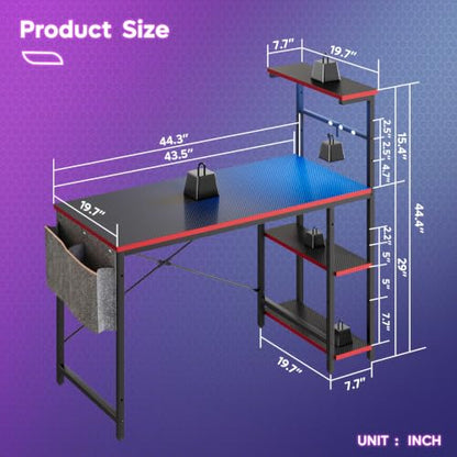 Bestier 44" Gaming Desk with LED & Storage,Gamer Desk, Carbon Fiber Black | Scratch-Resistant Laminate & Steel, 44" Desktop, X-Bar Frame with Foot Rest, 150 lb Capacity, Home Office & Game Room Ready - color: Black Carbon Fiber, size: 44 Inch