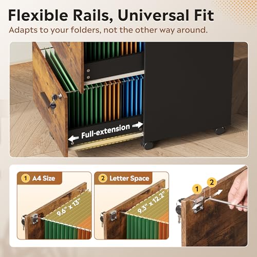 DEVAISE 3 Drawer File Cabinet with Lock & Wheels, Wood Printer Stand - color: Rustic Brown