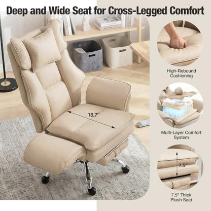 Executive Leather Criss Cross Office Chair with Foot Rest &Flip Arms | Big and Tall 155° Reclining Desk Chair with Wide Seat for Cross Legged Sitting for Home Office, PU Leather, 400LBS - color: Khaki
