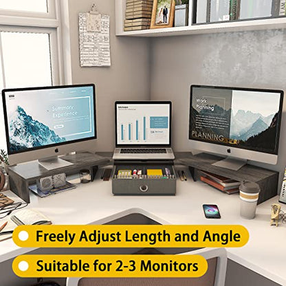 WESTREE Triple Dual Monitor Stand Riser with Drawer,Extra Large Adjustable for 2~3 Monitors,Solt for Phone & Tablet, Desktop Organizer Stand for Computer,Laptop,Printer,TV - size: Large-grey