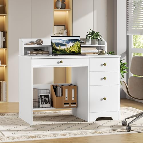 TTVIEW Computer Desk with Drawers and Hutch Shelf, Wood Executive Desk Writing Study Table with 43” Wide Tabletop, Small Desk with File Drawer for Home Office Bedroom, White - color: White