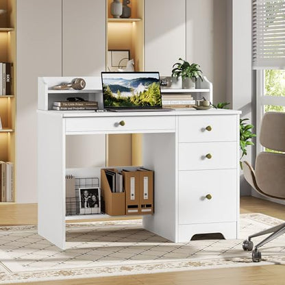 TTVIEW Computer Desk with Drawers and Hutch Shelf, Wood Executive Desk Writing Study Table with 43” Wide Tabletop, Small Desk with File Drawer for Home Office Bedroom, White - color: White