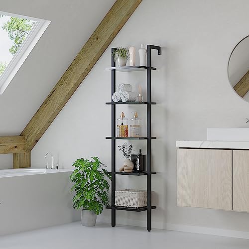 YMYNY 5 Tiers Narrow Ladder Bookcase, Industrial Wall Mounted Bookshelf, Open Display Rack with Metal Frame, Wooden Storage Shelves for Bedroom, Home Office, Living Room, Black, 70*17.3*11.8"UHBC015B - color: Black