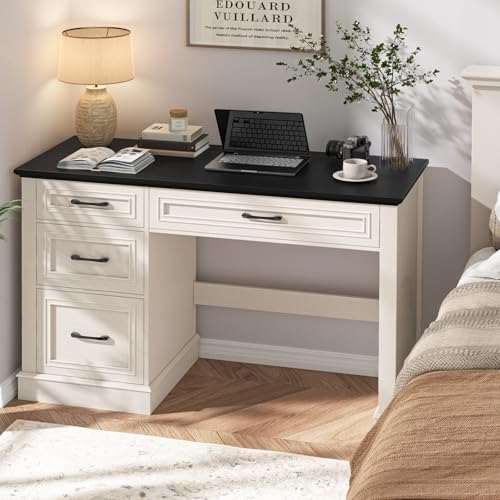 Halitaa Farmhouse 47" Executive Desk with 3 Drawers, Black | Workstation Computer Desk with Adjustable File Drawer for Home Office, Study.
