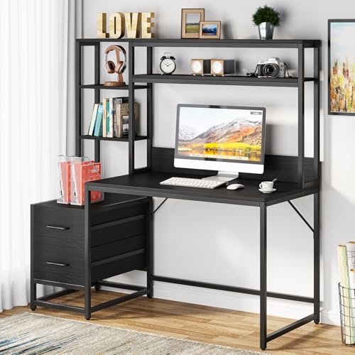 Tribesigns 55 Inch Computer Desk with 2 Drawers and Storage Shelves, Rustic Office Desk with Hutch, Study Writing Gaming Table Laptop Workstation for Home Office (Black) - color: Black
