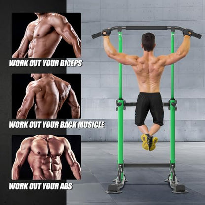 soges Power Tower Pull Up Bar Station, Free Standing Pull Up Rack Dip Station for Home Gym, Height Adjustable Home Strength Training Fitness Workout Equipment - color: Green