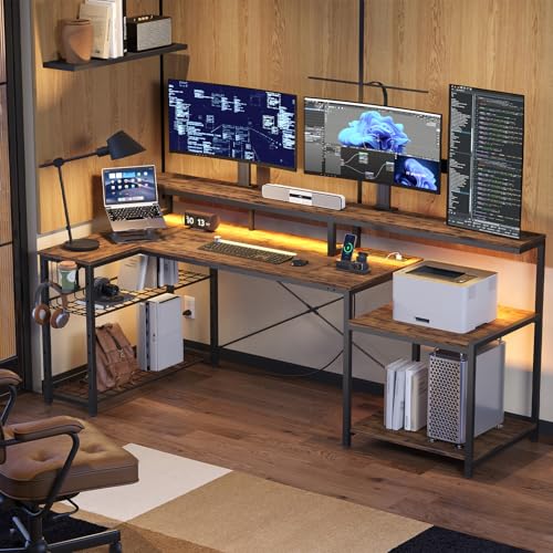 Bestier 71.5" L Computer Desk with Power Outlets, Rustic Brown | Printer Shelf, Adjustable Metal Grid, Adjustable Monitor Stand, Cup & Headset Hooks, 4AC 2USB Ports for Home Workspace - color: Rustic Brown