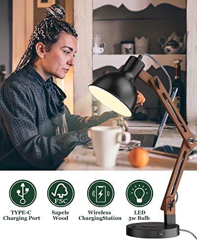 ELYONA Modern Sapele Wood Desk Lamp with Upgraded Wireless Charger & USB C Charging Port Swing Arm Table Lamp Bedside Reading Task Light for Dorm Office Bedroom Living Room LED Bulb Included Black - color: Upgrate Black