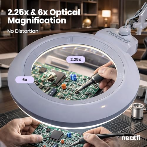 Neatfi XL Bifocal LED Magnifying Lamp, 7” Acrylic Lens, 2.25X/6X Magnification, 1,600 Lumens Dimmable | Hands-Free Close Work | Crafting, Jewelry & Reading (White, 7-inch Lens, Non-CCT with Clamp) - color: White, size: 7-inch Lens, Non-CCT with Clamp
