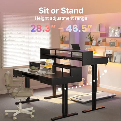 HUANUO 48″ x 26″ Electric Standing Desk with 2 Drawers &24.4″ Large Keyboard Tray, C-Clamp Mount Compatible, Adjustable Computer Desk for Office, Sit Stand Up Desk with 4 Height Presets, Black - color: Black, size: 48*26 inch