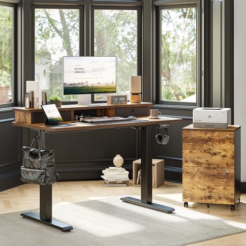 TIQLAB 40 * 24 inch Standing Desk with Two Drawers&Top Shelf, Rustic Brown | Smooth Height Adjustment, 2 Memory Presets, One-Touch Control, Stable Steel Frame, 176 lbs Capacity, Easy Assembly - color: Rustic Brown, size: 40*24 inch without keyboard tray