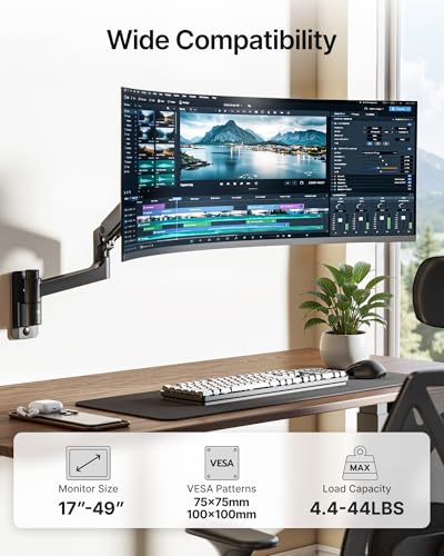 Single Wall Mount Monitor Arm for 17-49" Ultrawide Screens | Heavy Duty Wall Mount Stand Holds up to 44 LBS - size: Single