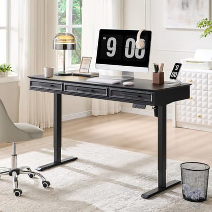 Electric Standing Desk with 3 Storage Drawers, 55x22 Inch Wood Adjustable Height Computer Desk w/One-Piece Desktop, Sit to Stand Up,Power Outlets, Gaming Table for Home Office and Study, Black - color: Black