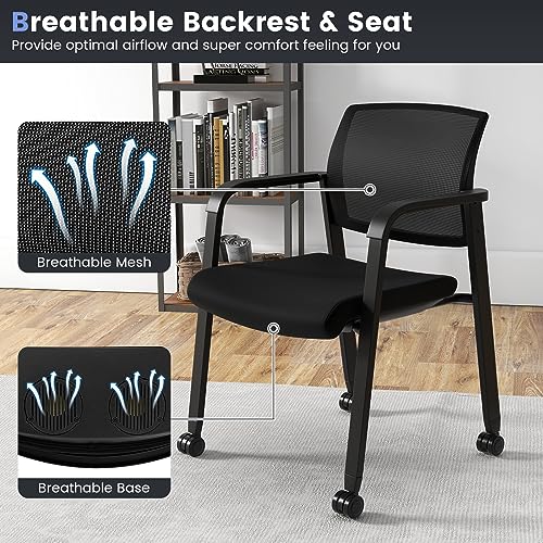 COSTWAY Stackable Office Guest Chairs Set of 4 with Wheels and Armrests | Conference Room Chairs with Mesh Backrest and Upholstered Seat, Ergonomic Waiting Room Chairs for Office Home Reception Area - size: 4 Pack, style: with Wheels
