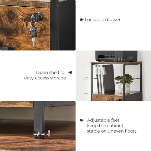 VASAGLE 2-Drawer File Cabinet with Lock, Open Shelf, Printer Stand | For A4 and Letter Sized Files, Adjustable Feet, Industrial, Rustic Brown and Black, BARNET Collection UOFC045B01V1